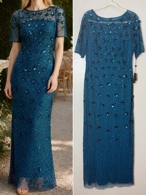 NWT Adrianna Papell Floral Beaded Blue Gown Mother of Bride Wedding Guest Dress